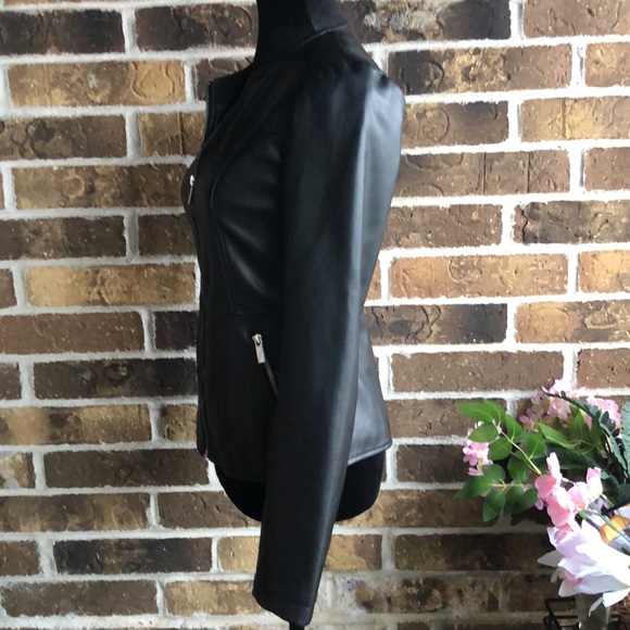 ZARA Faux Leather Moto Biker Collarless Jacket Black - Picture 6 of 9